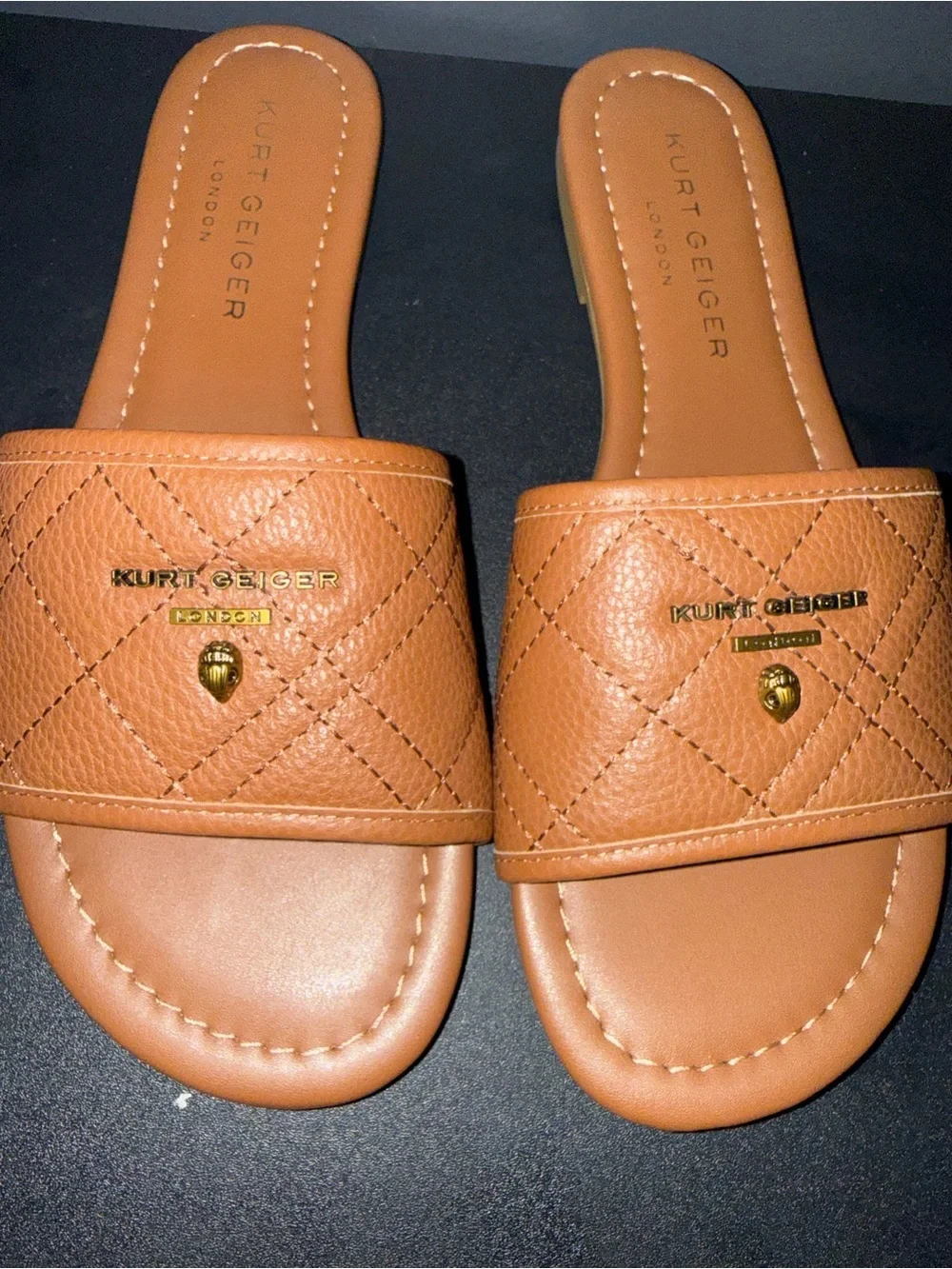 NWOT Kurt Geiger Greenwich Leather Slide Sandals Tan Camel Sz 9 / 40